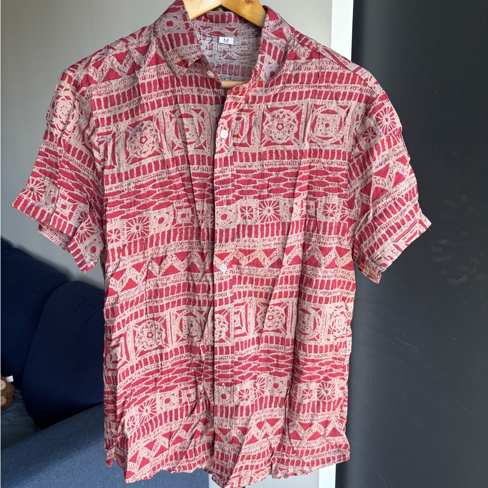 SHEIN Red Casual Button Down Shirt with Geometric Print
